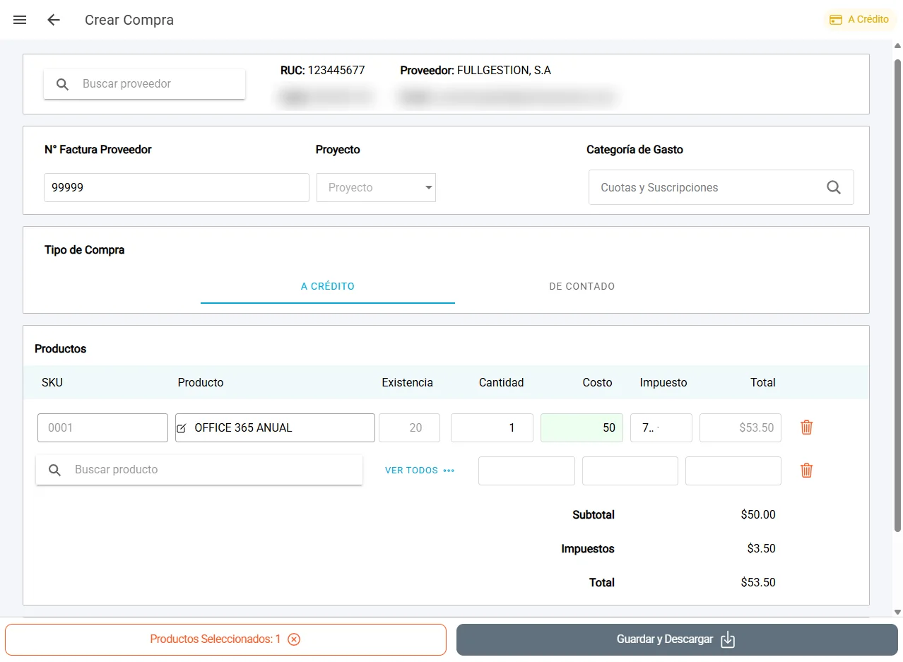 Pantalla de creación de compra a proveedor en GestionPOS