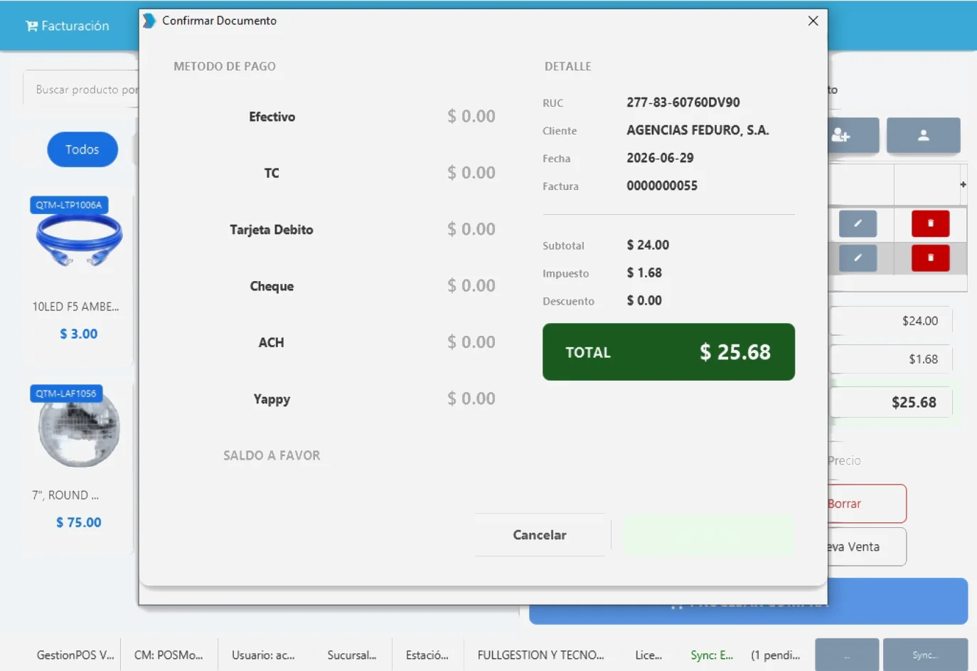 Pantalla de métodos de pago del punto de venta de GestionPOS, con Yappy